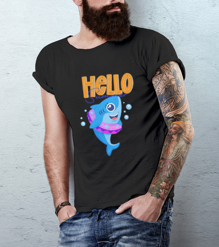 Hello Summer Shark With Swim Ring And Bubbles T-Shirt