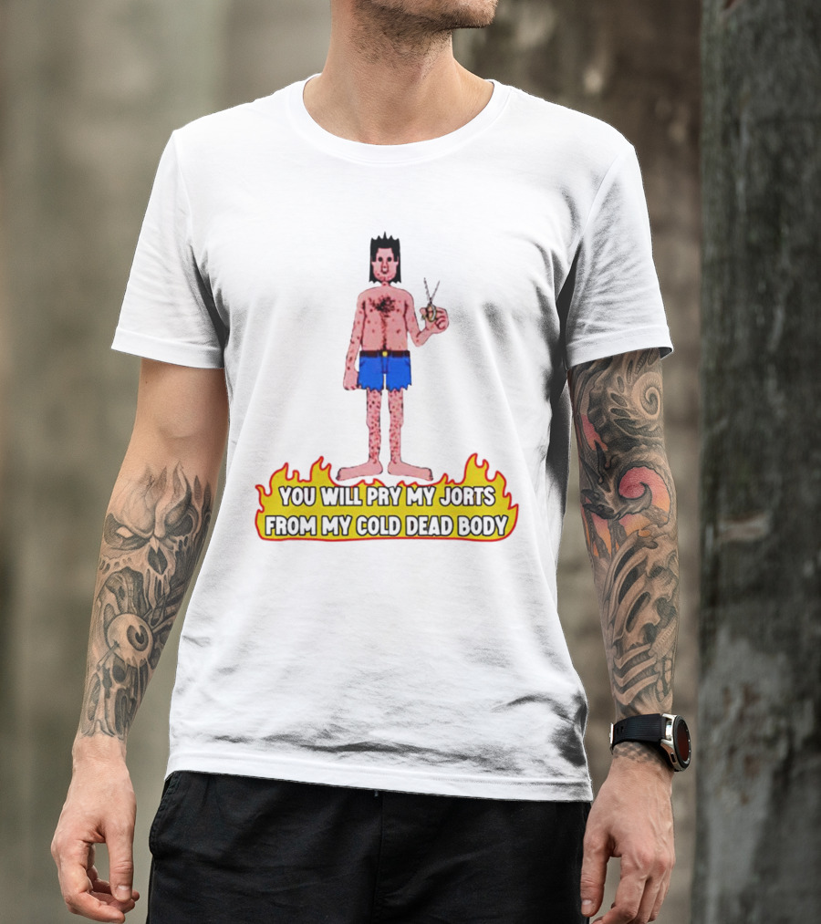 You Will Pry My Jorts From My Cold Dead Body Cartoon Character Holding Scissors In Flames T-Shirt