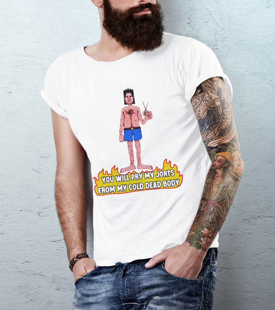 You Will Pry My Jorts From My Cold Dead Body Cartoon Character Holding Scissors In Flames T-Shirt