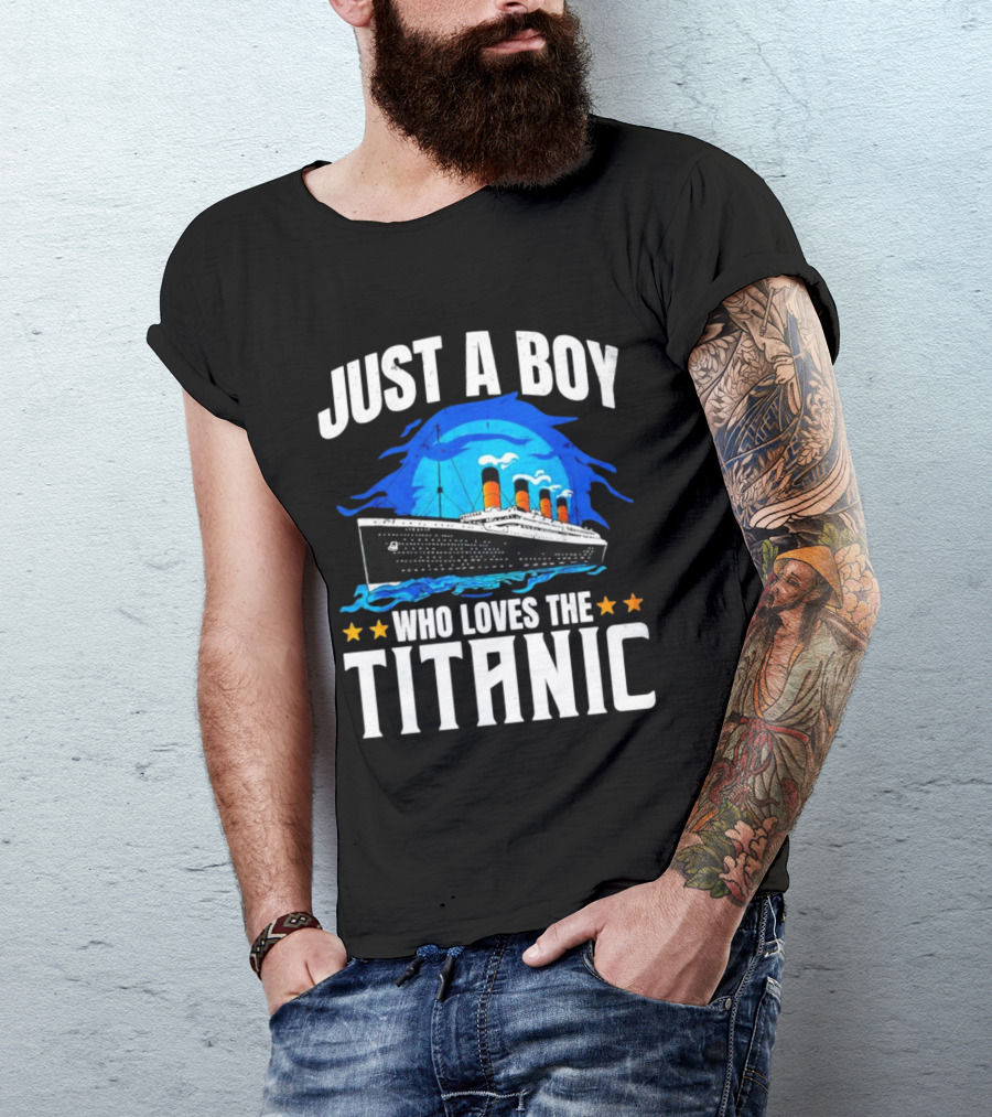Just A Boy Who Loves The Titanic Ship With Blue Ocean And Stars T-Shirt