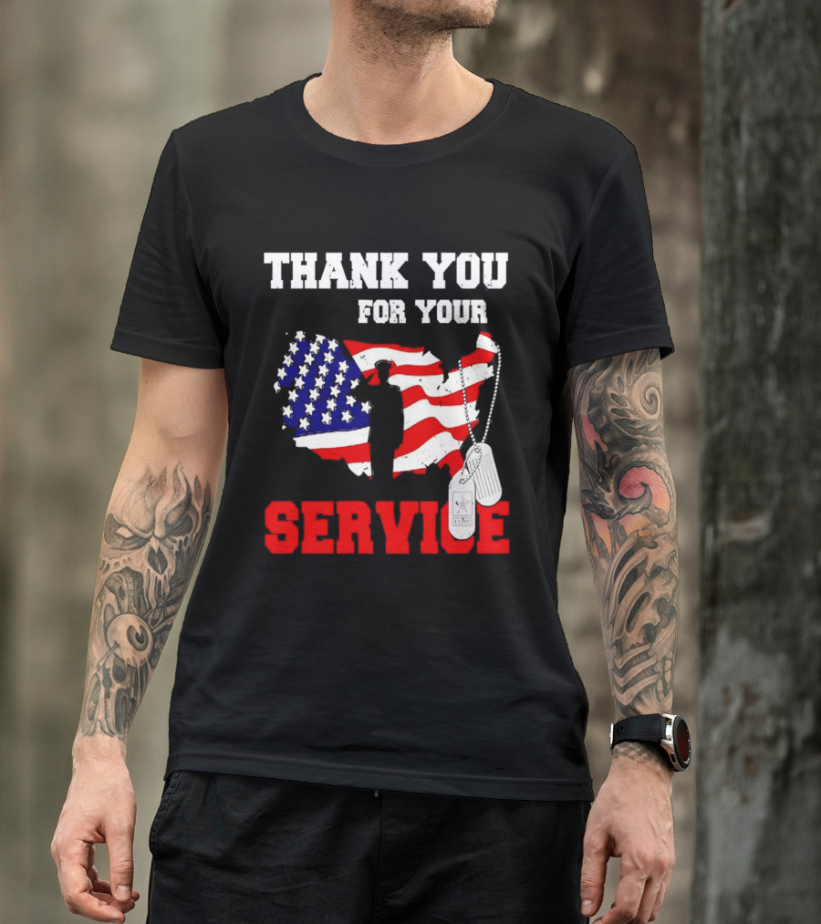 Thank You For Your Service American Flag Silhouette With Dog Tags T-Shirt