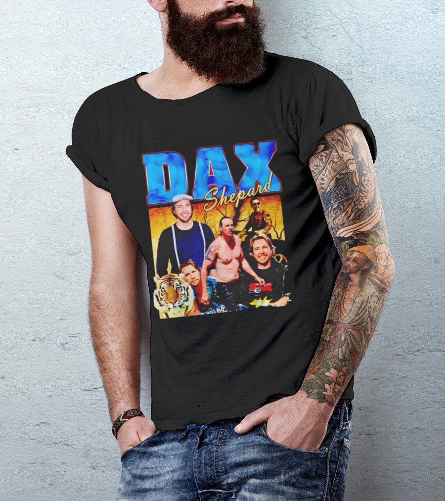 Dax Shepard Vintage Collage With Blue Text And Tiger T-Shirt