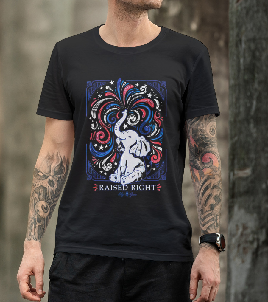 Elephant Raised Right Fireworks Red White Blue Stars T-Shirt