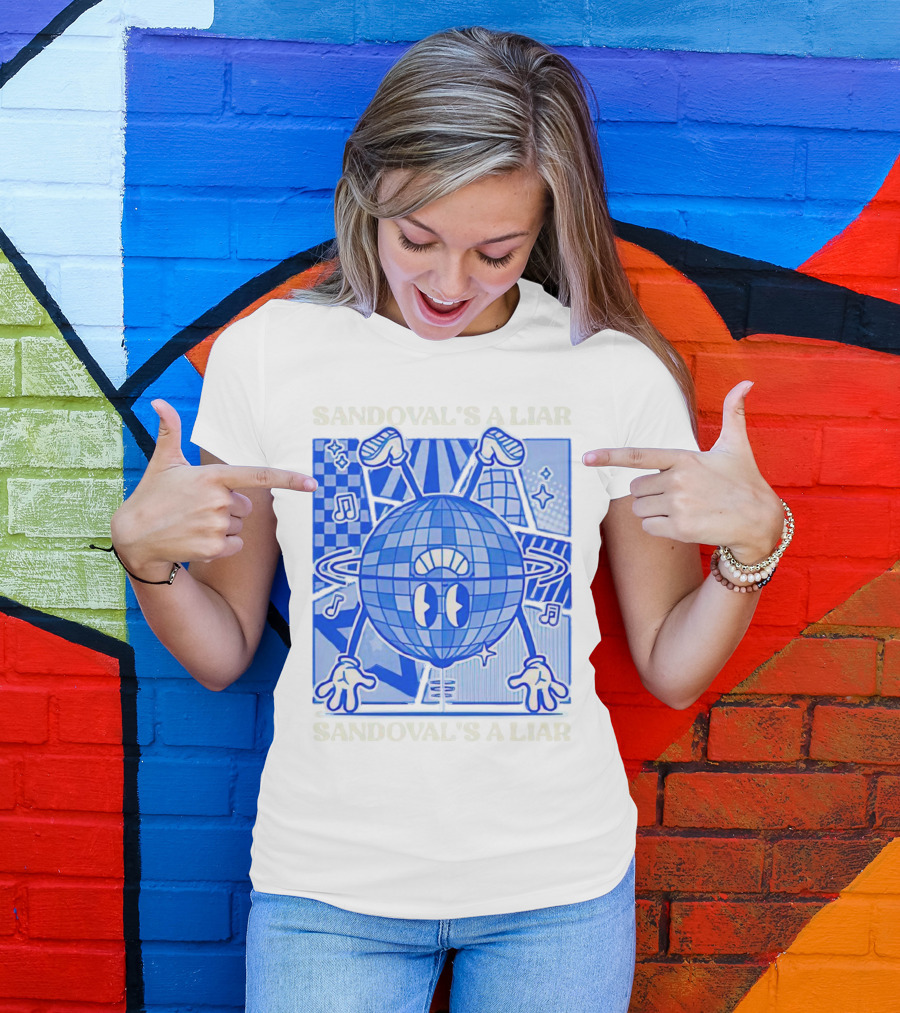 Sandoval's A Liar Blue Globe Cartoon Music Notes Geometric Background T-Shirt
