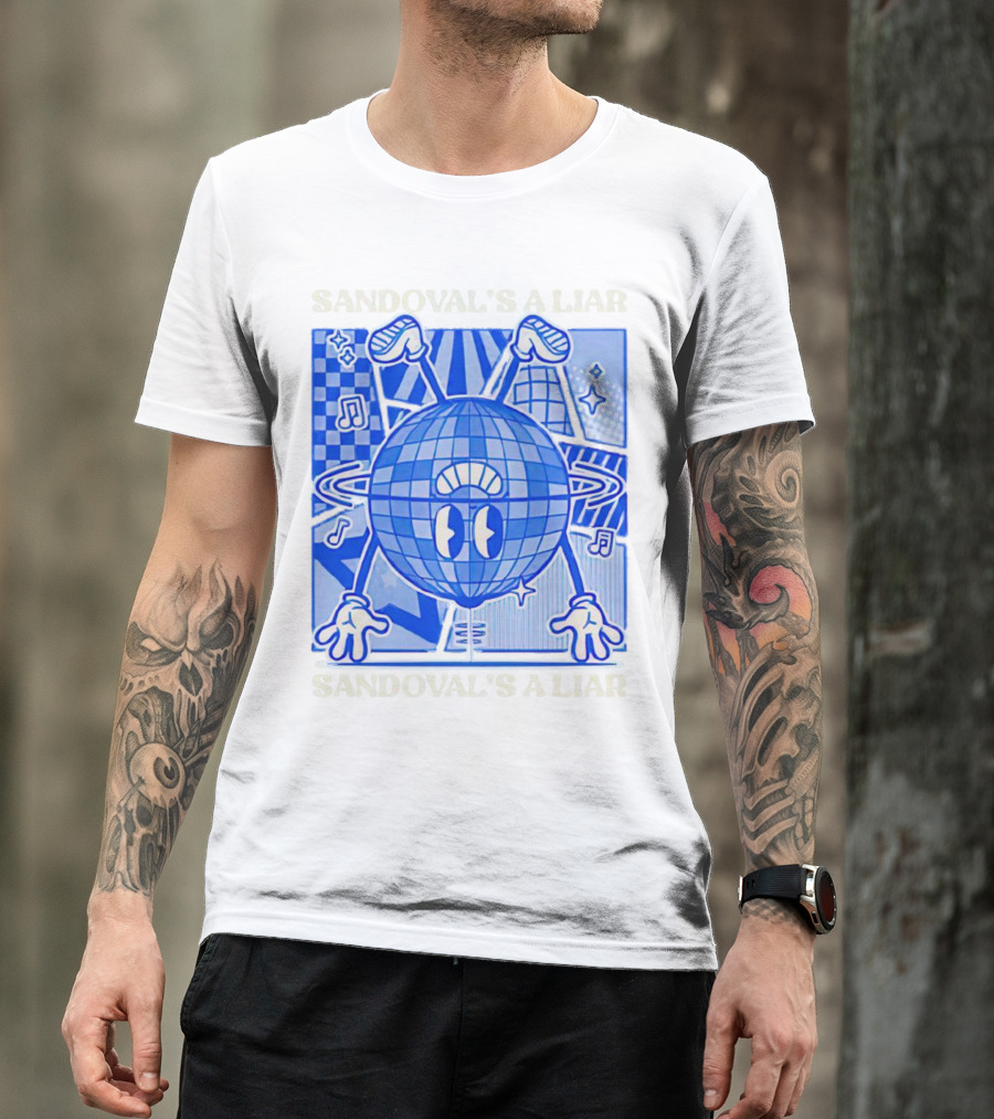 Sandoval's A Liar Blue Globe Cartoon Music Notes Geometric Background T-Shirt