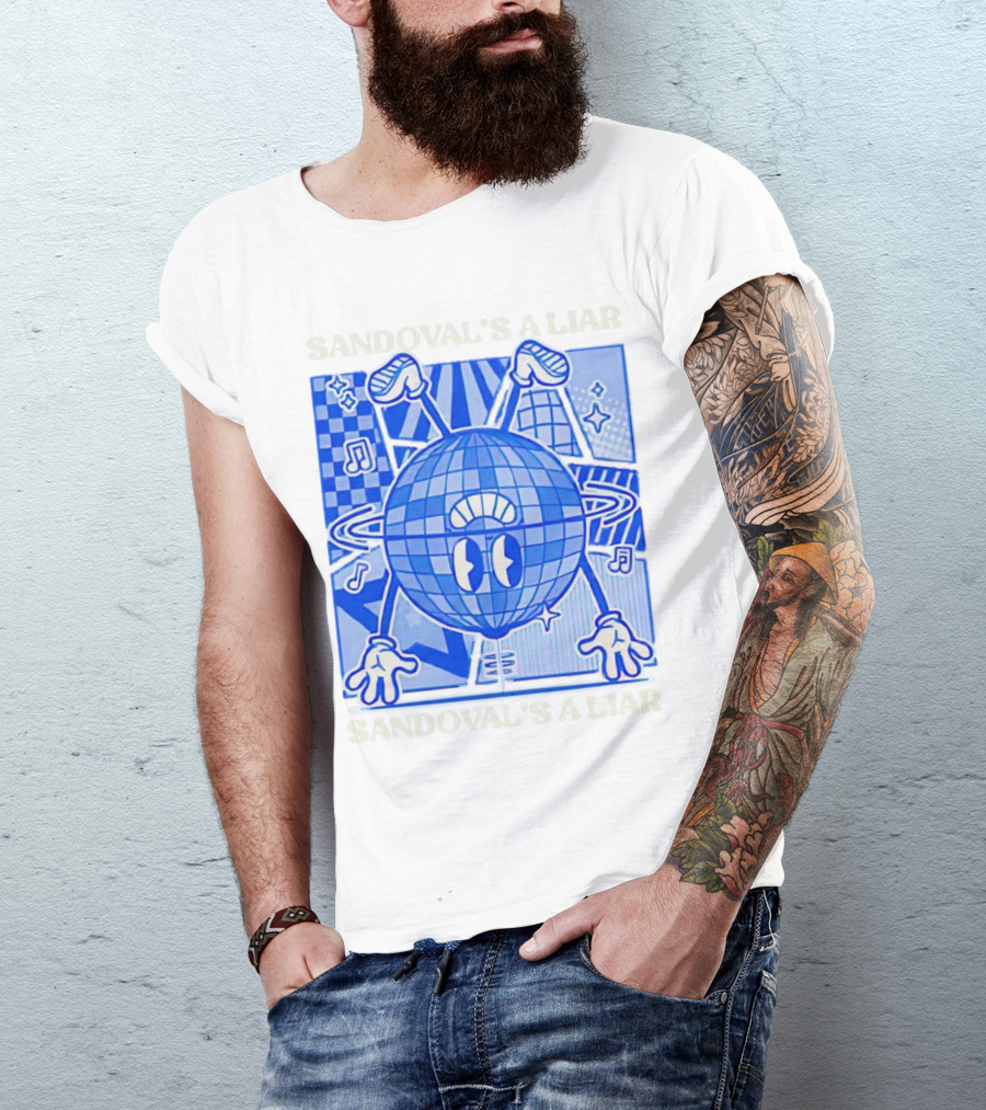 Sandoval's A Liar Blue Globe Cartoon Music Notes Geometric Background T-Shirt