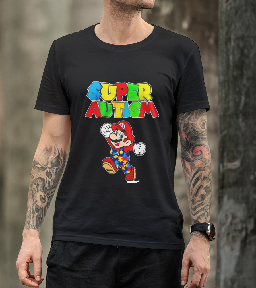 Super Autism Mario Puzzle Piece Overalls Iconic Character T-Shirt