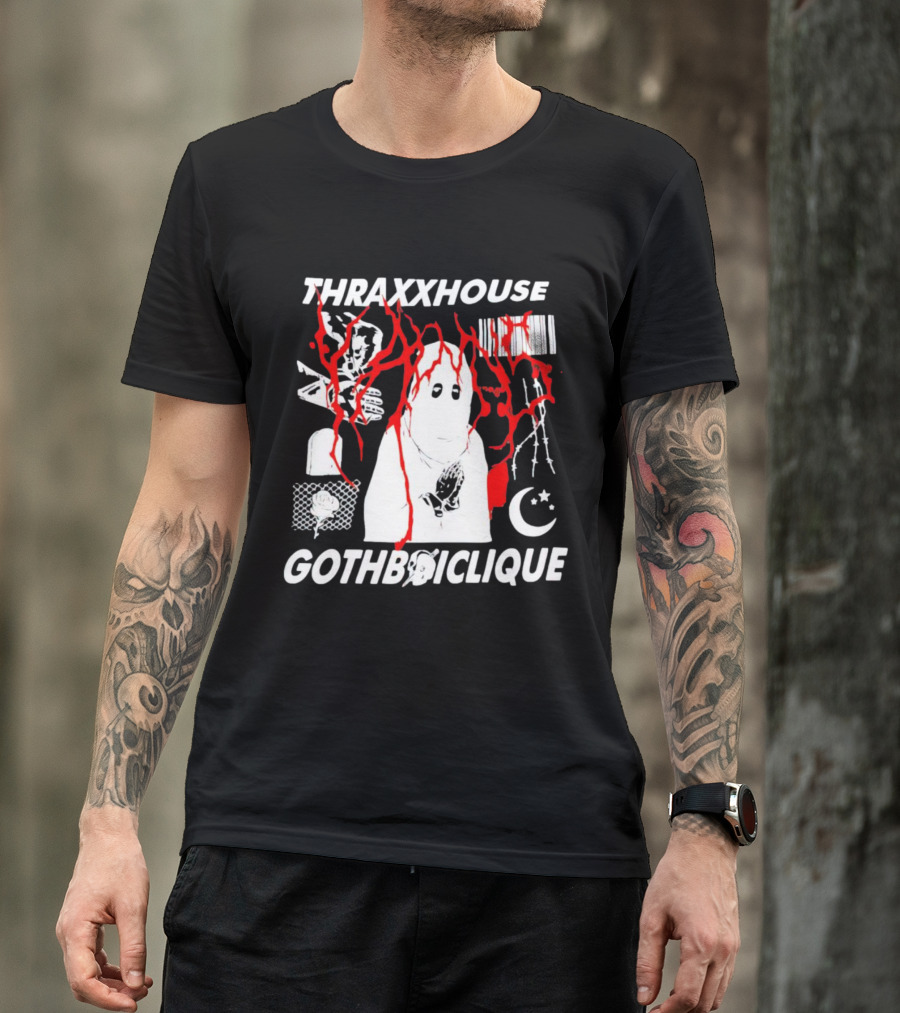 Thraxxhouse Gothboiclique Praying Figure With Barcode Rose Crescent Moon And Abstract Red Streaks T-Shirt