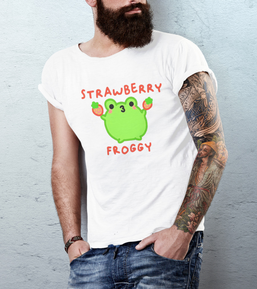 STRAWBERRY FROGGY Green Frog Holding Strawberries T-Shirt