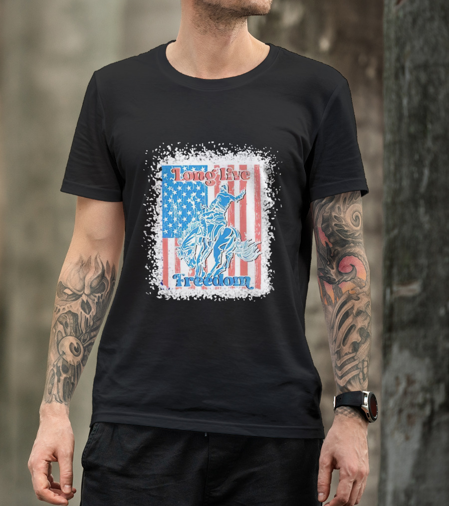 Long Live Freedom America Flag Cowboy And Horse T-Shirt