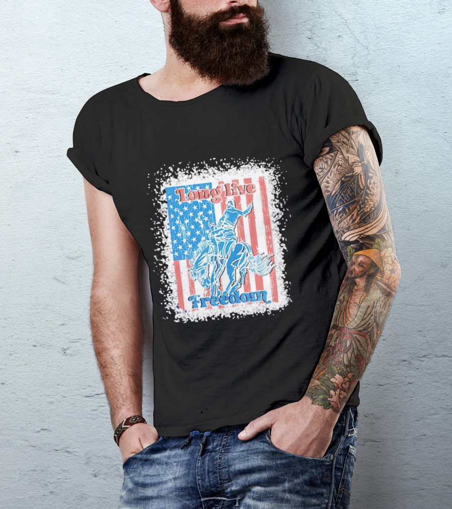 Long Live Freedom America Flag Cowboy And Horse T-Shirt