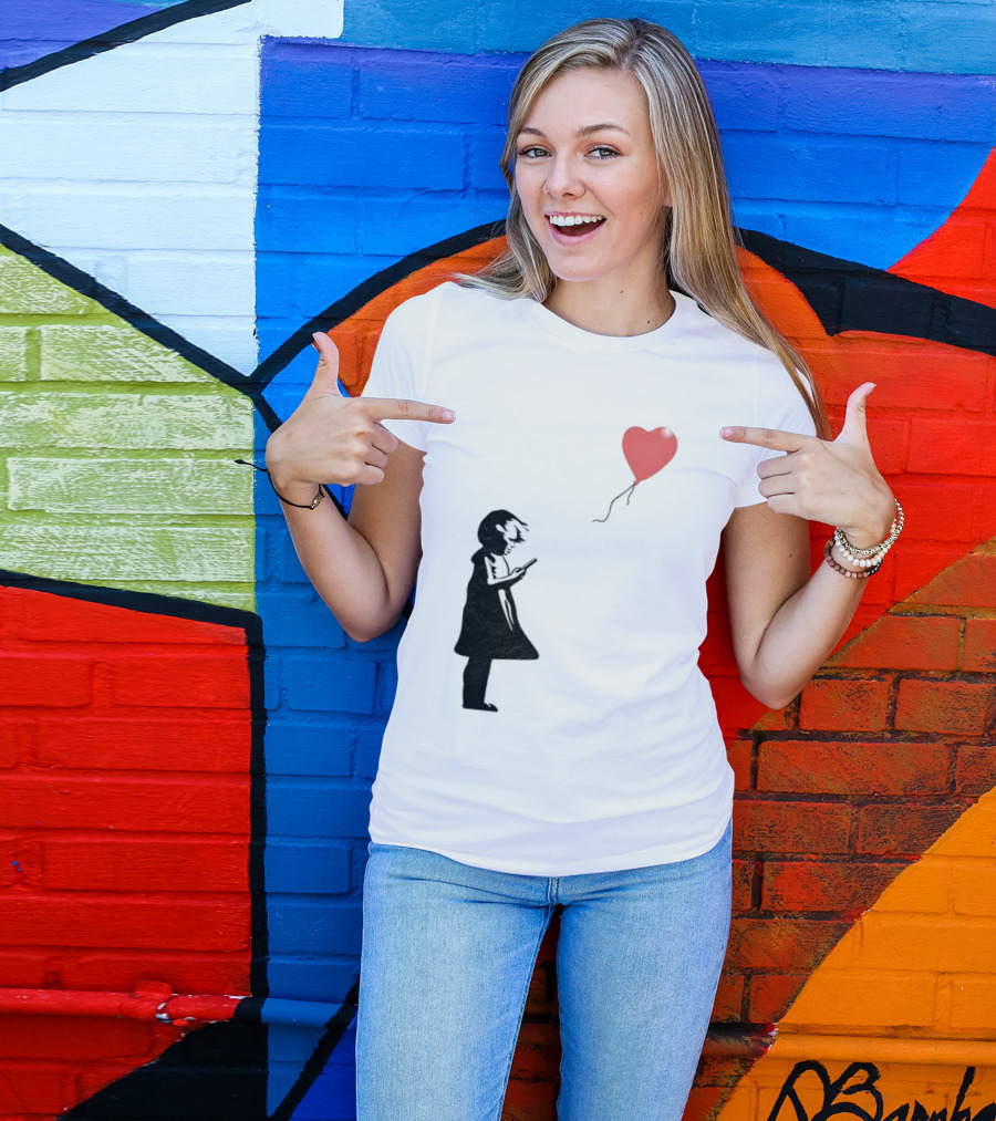 Girl With Phone Heart Balloon Black Dark Shadow T-Shirt
