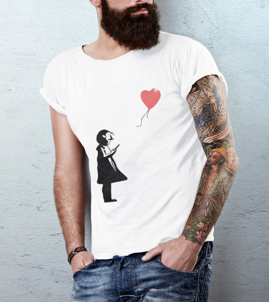 Girl With Phone Heart Balloon Black Dark Shadow T-Shirt