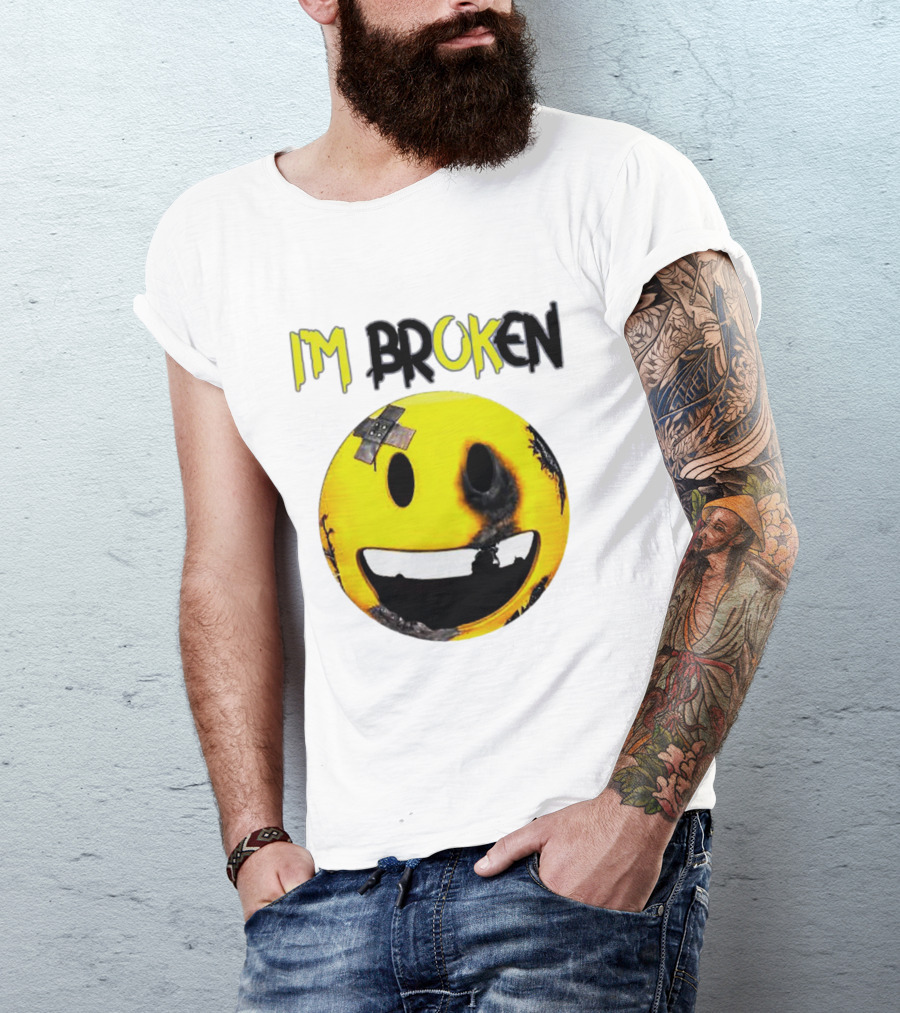 I'M BROKEN Smiley Burned And Patched Emo Smiley Face T-Shirt