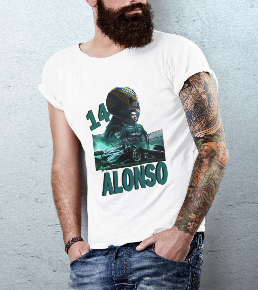 14 Alonso Aramco Racing Helmet And Car T-Shirt
