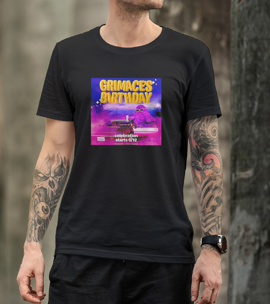 Grimace's Birthday Celebration Starts 6/12 With Purple Character And Sunglasses T-Shirt