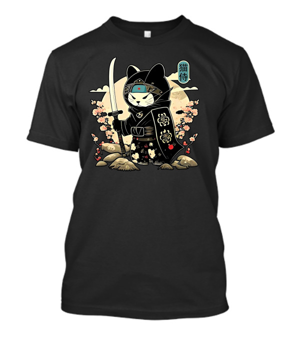 Samurai Cat Sakura Blossom Warrior Japan Kanji Armor Katana T-Shirt