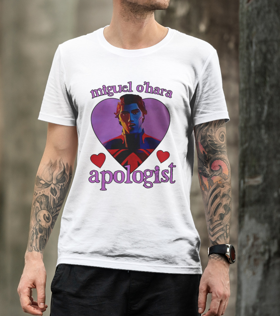 Miguel O’Hara Apologist Love Heart With Heroic Figure In Purple And Red Hearts T-Shirt