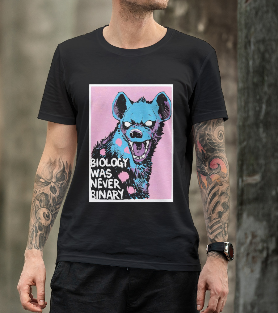 Biology Was Never Binary Blue Hyena Pink Background T-Shirt