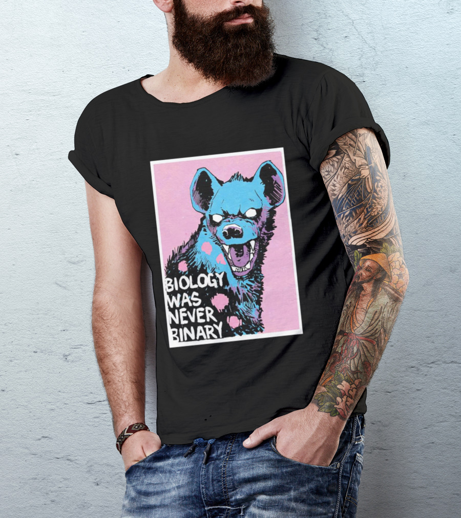 Biology Was Never Binary Blue Hyena Pink Background T-Shirt