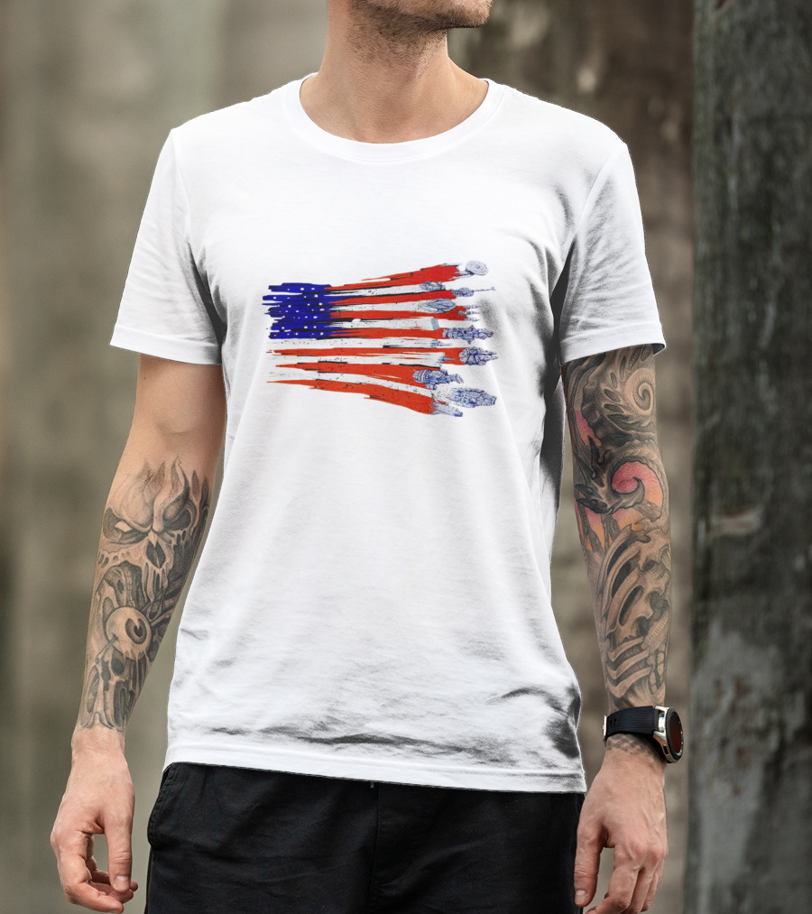 Spaceship American Flag Star Wars Starships Millennium Falcon X-Wing NASA Apollo Saturn V T-Shirt