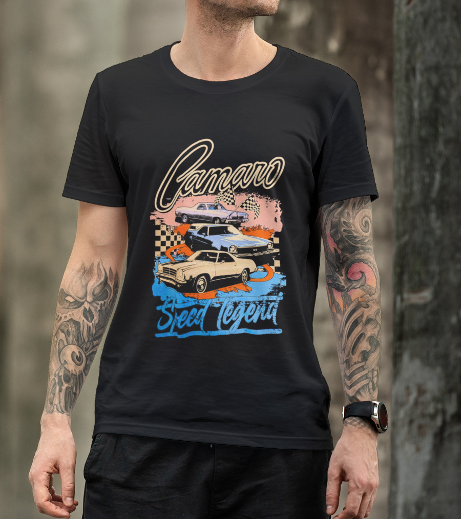 Camaro Speed Legend Vintage Racing Cars Checkered Flags T-Shirt