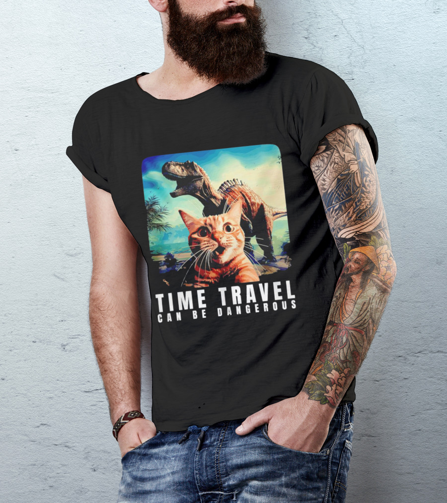 Time Travel Cat With Dinosaur Adventure Can Be Dangerous T-Shirt