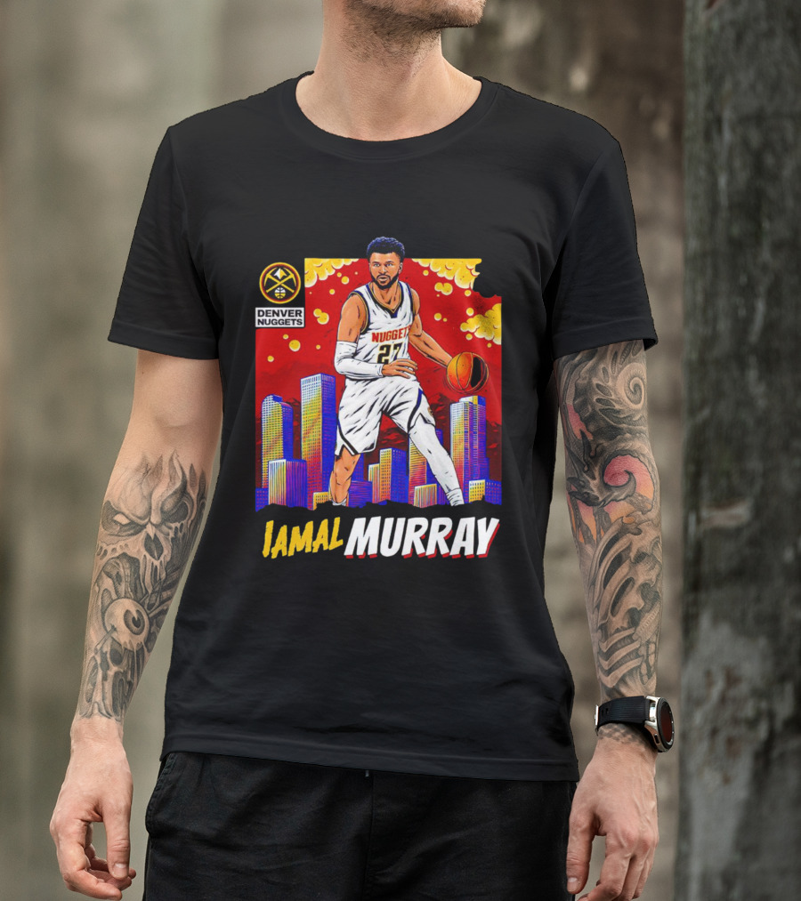 Denver Nuggets Jamal Murray Basketball Skyline Comic T-Shirt
