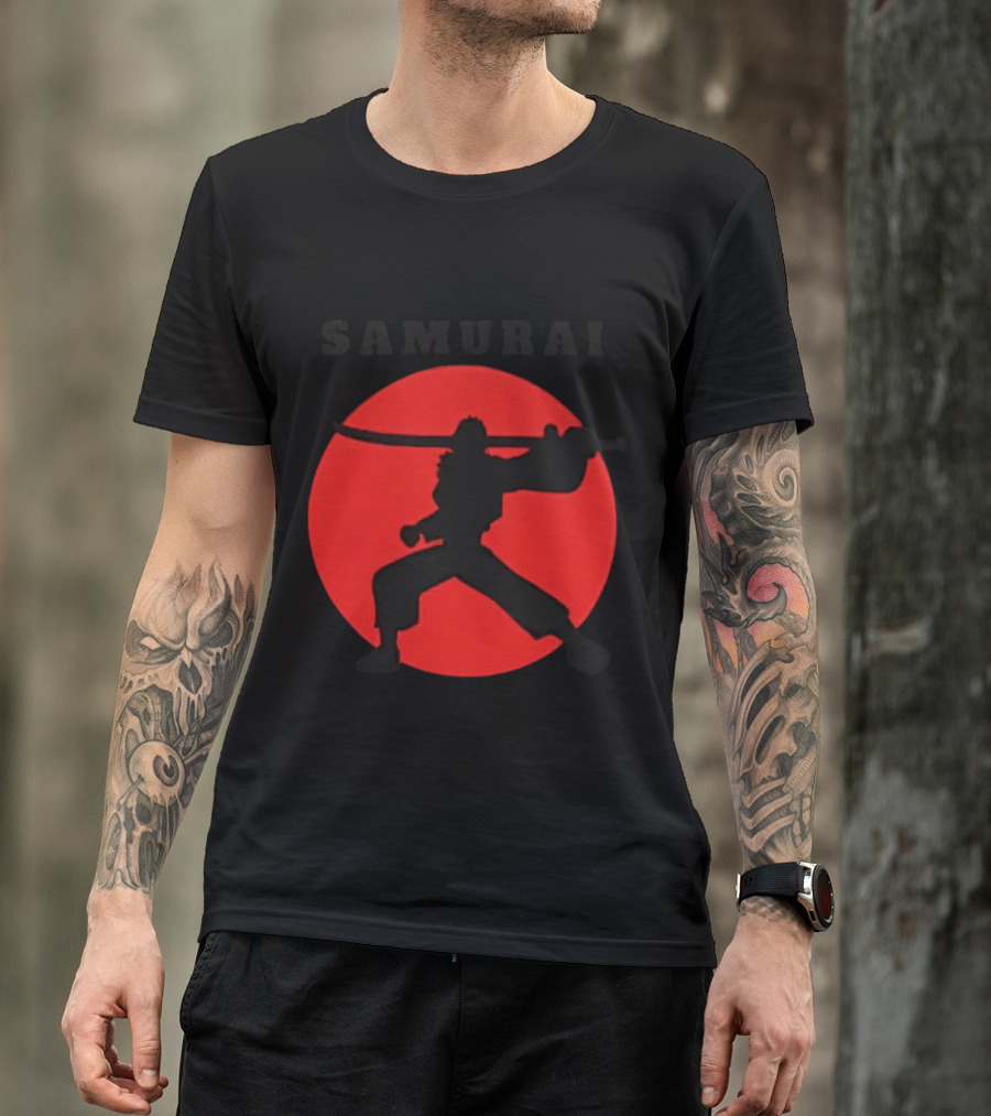 Samurai Silhouette With Red Sun Background T-Shirt