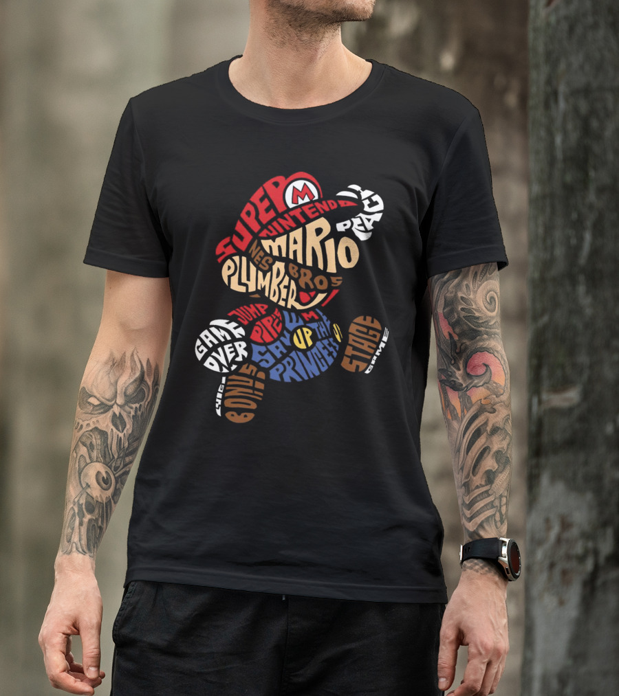 Super Nintendo Mario Bros Plumber Jump Stage Game Typography T-Shirt