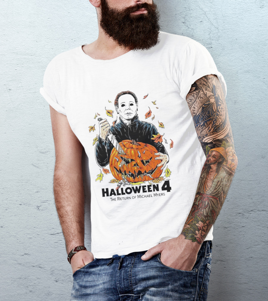Halloween 4 The Return Of Michael Myers Knife-Wielding Michael With Carved Pumpkin And Autumn Leaves T-Shirt