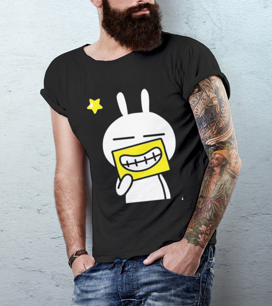 Tuzki Holding Fake Smile Cartoon Character With Star T-Shirt