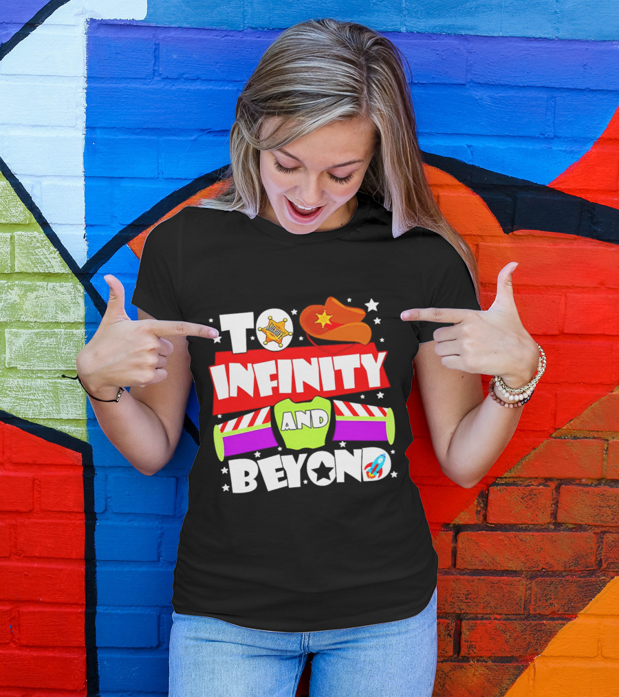 To Infinity And Beyond Toy Story Sheriff Badge Cowboy Hat Rocket T-Shirt