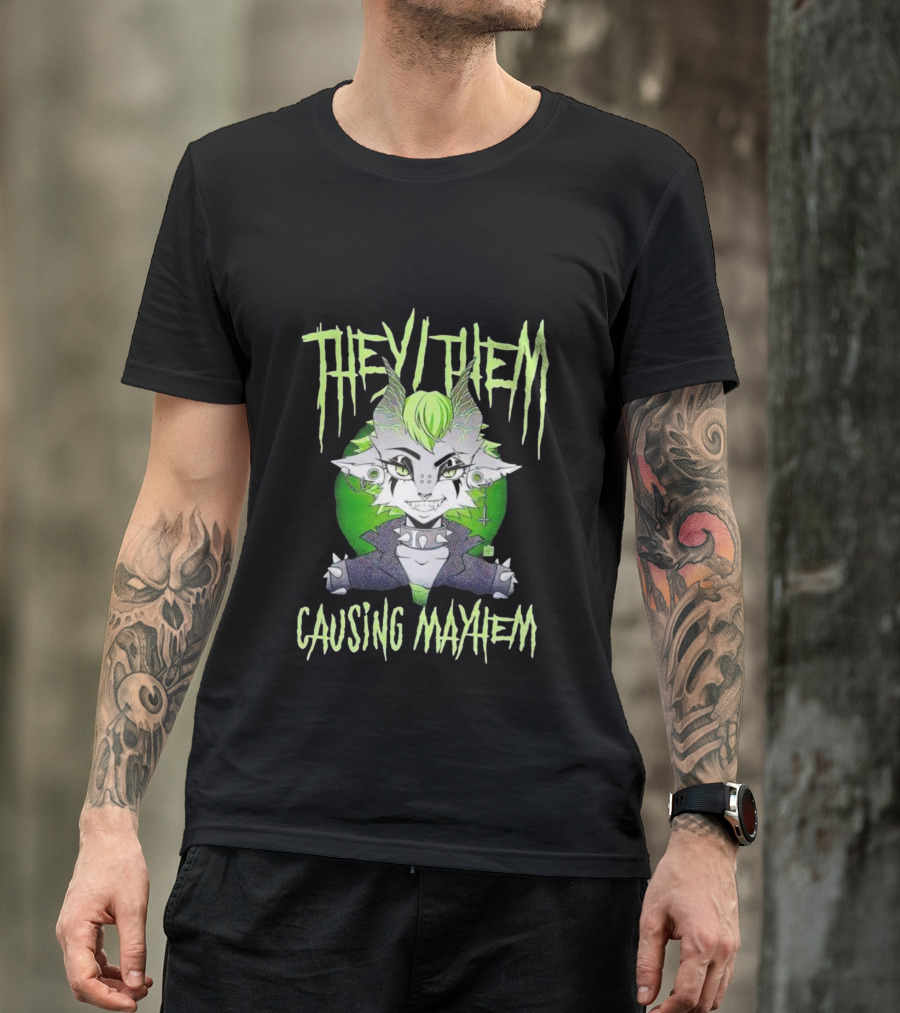 They Them Causing Mayhem Punk Monster Character With Green Hair And Spikes T-Shirt
