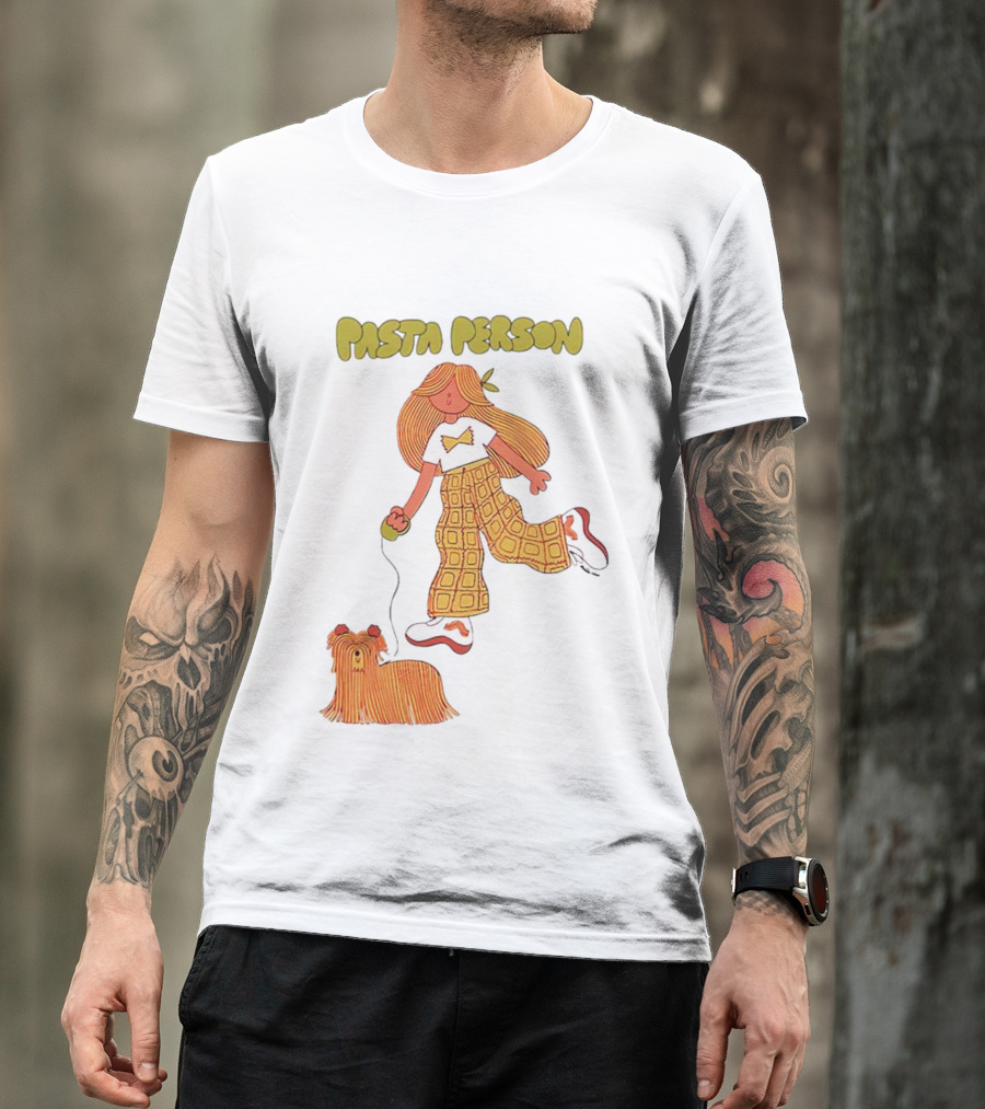 Pasta Person Walking Dog In Checkered Pants And White Sneakers T-Shirt
