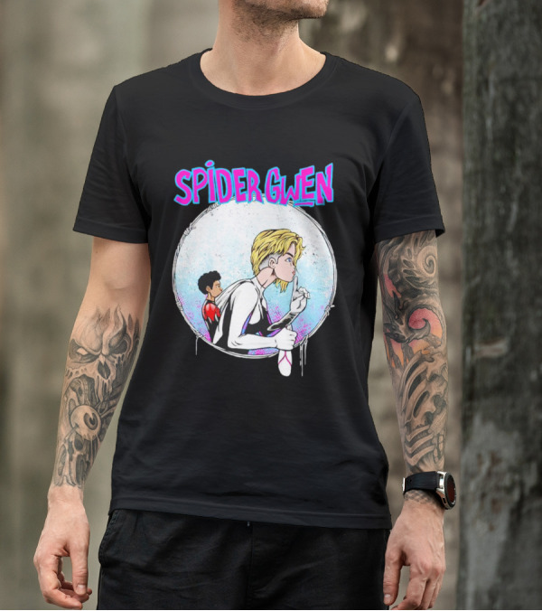 Spider-Gwen Silence Gesture With Spider Emblem Background T-Shirt