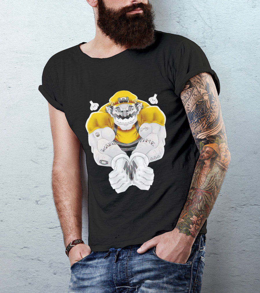 Wario Time Mario Daisy Tattoo With Yellow Cap And Muscle Pose T-Shirt