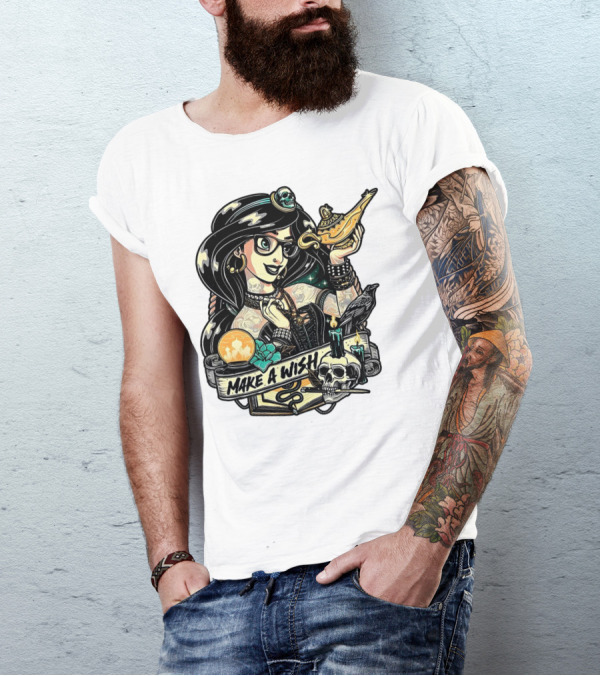 Jasmine Princess Aladdin Make A Wish Tattoo Style With Skull And Lamp T-Shirt