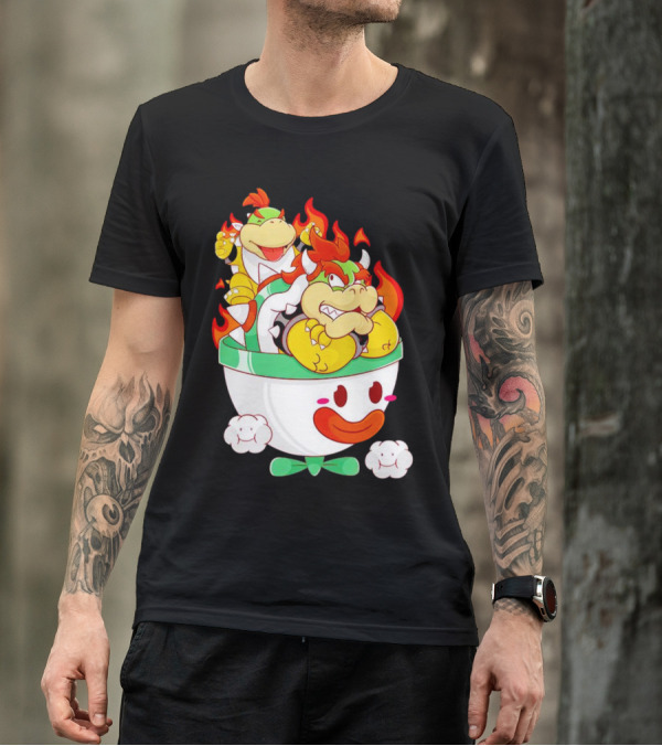 Bowser And Bowser Jr. Father And Son In Clown Car With Flames T-Shirt