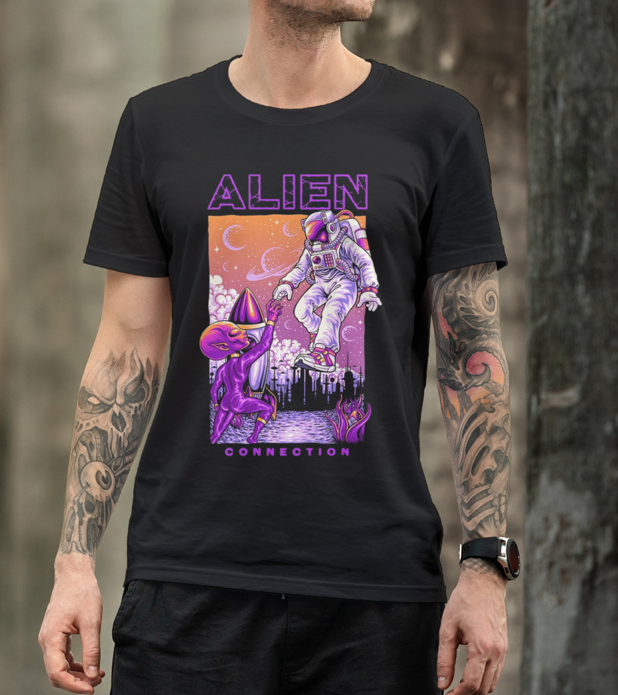 Alien And Astronaut Universal Bond Under Neon Cosmic Sky T-Shirt
