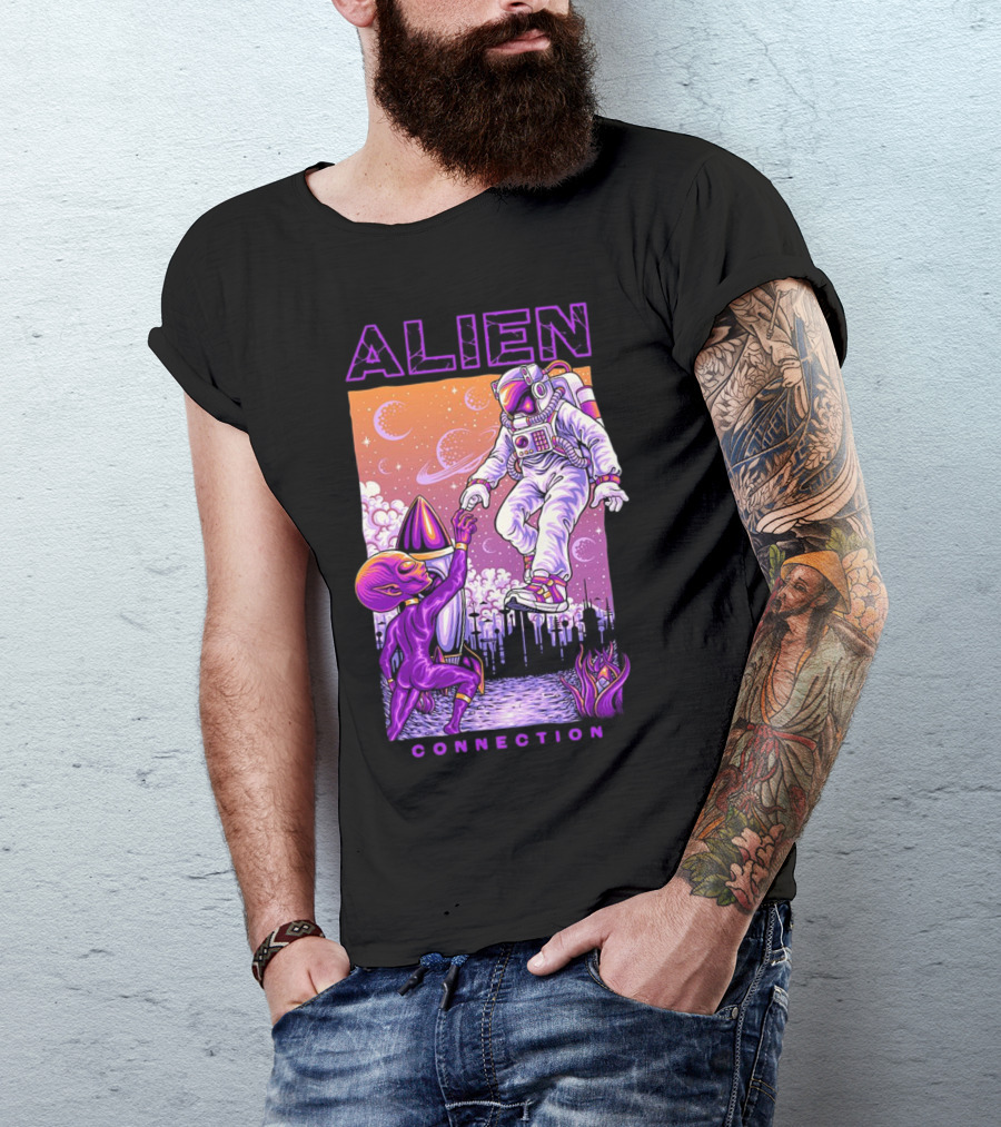 Alien And Astronaut Universal Bond Under Neon Cosmic Sky T-Shirt