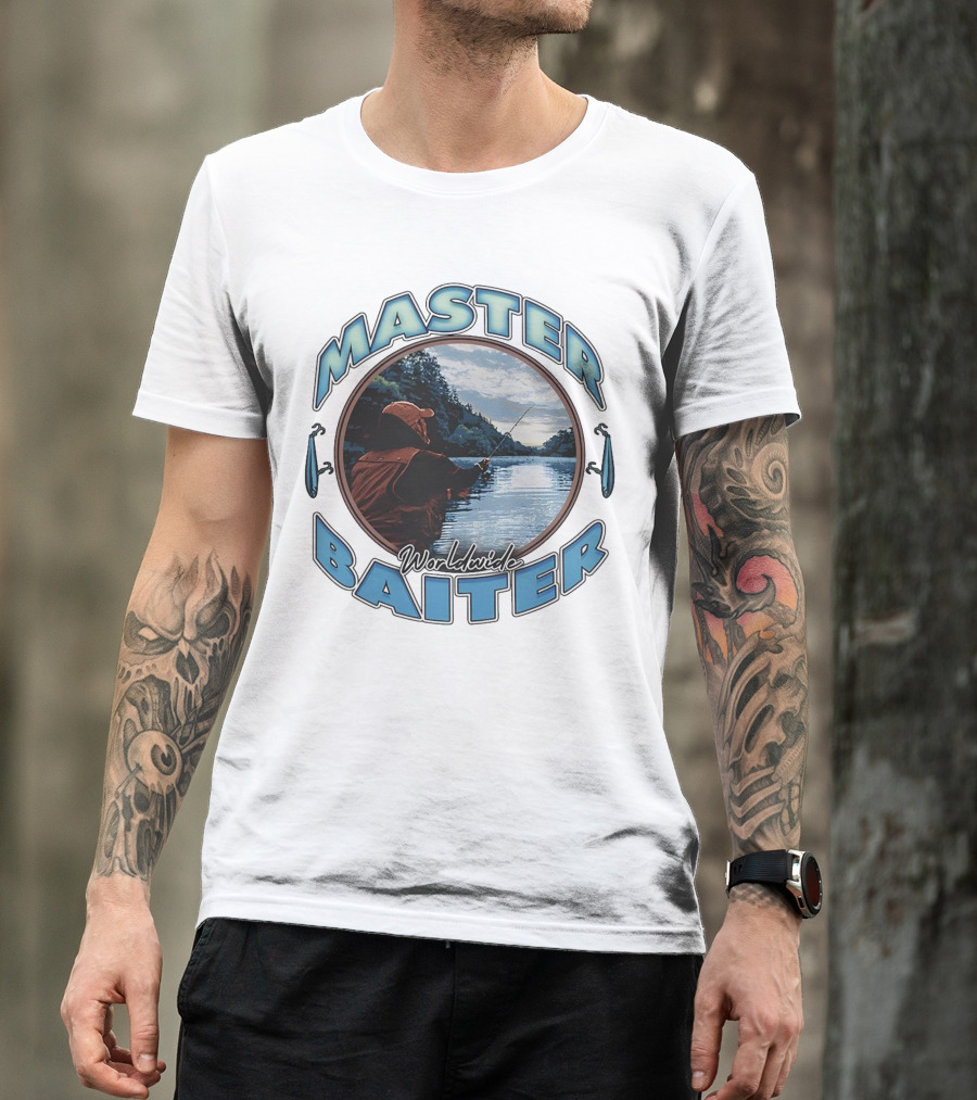 Master Baiter Worldwide Fishing Scene With Blue Text And Water Reflection T-Shirt