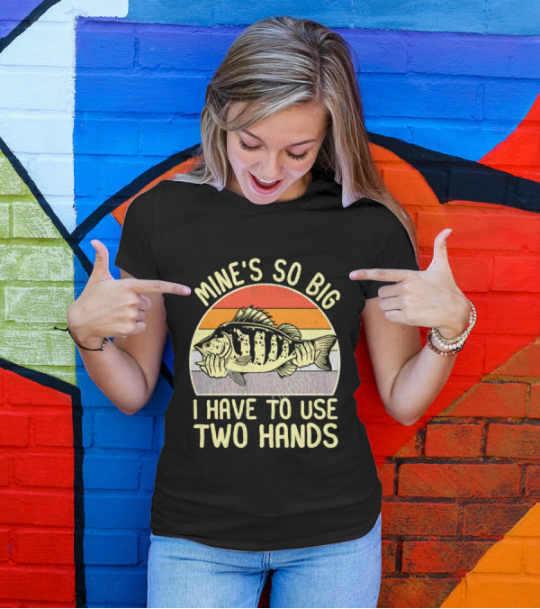 Vintage Fish Mine's So Big I Have To Use Two Hands Retro Sunset Stripes T-Shirt