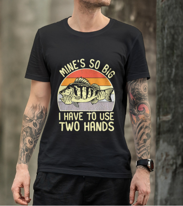 Vintage Fish Mine's So Big I Have To Use Two Hands Retro Sunset Stripes T-Shirt