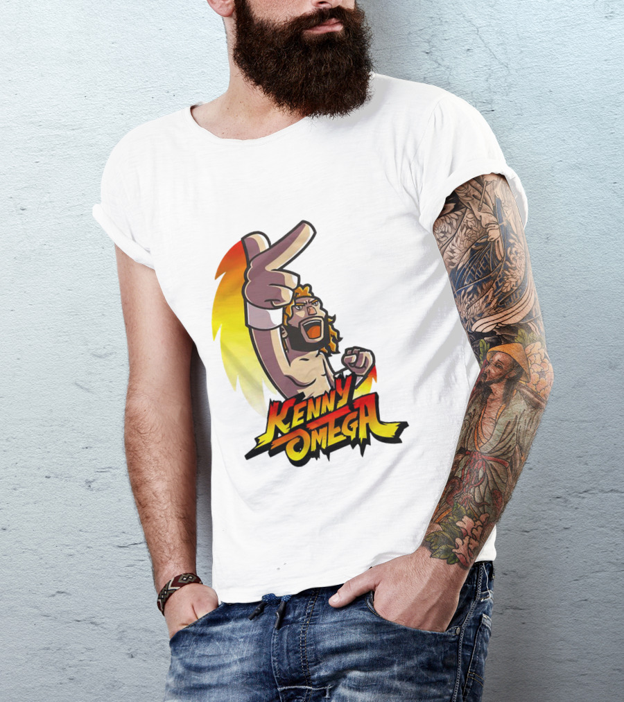 Kenny Omega Cartoon Character With Street Fighter Style Gesture And Two-Finger Pose T-Shirt