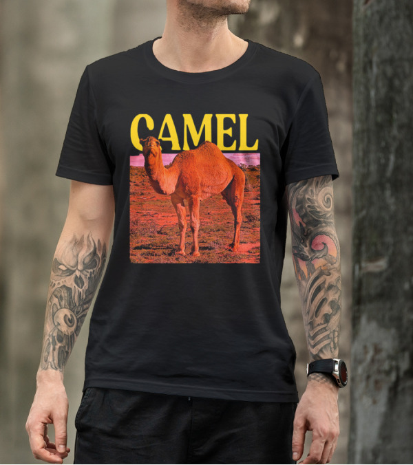 Camel In Vibrant Orange Desert Landscape T-Shirt