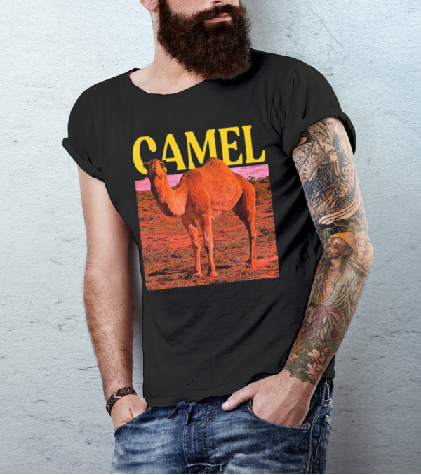 Camel In Vibrant Orange Desert Landscape T-Shirt