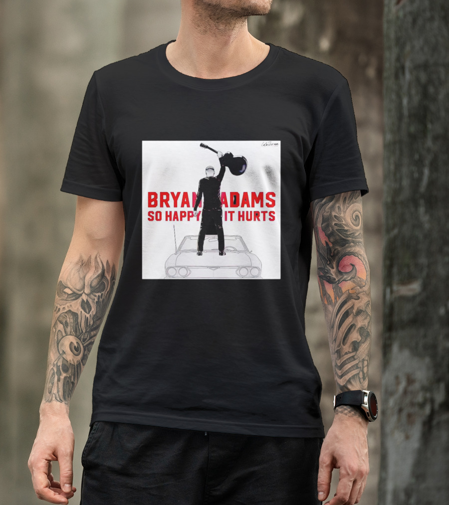 Bryan Adams So Happy It Hurts Album Cover Art Standing On Car With Guitar T-Shirt