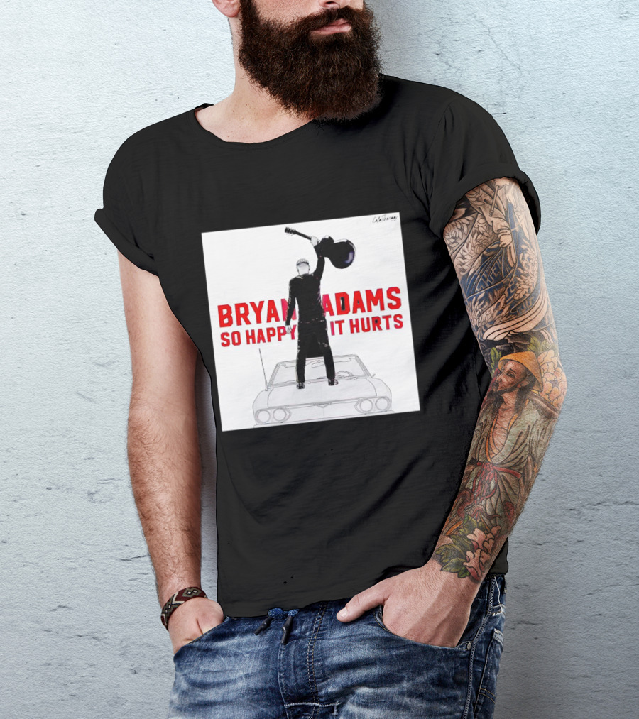 Bryan Adams So Happy It Hurts Album Cover Art Standing On Car With Guitar T-Shirt