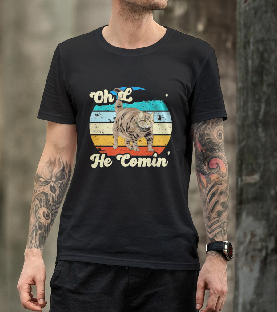 Oh Lawd He Comin Vintage Cat Retro Stripes T-Shirt
